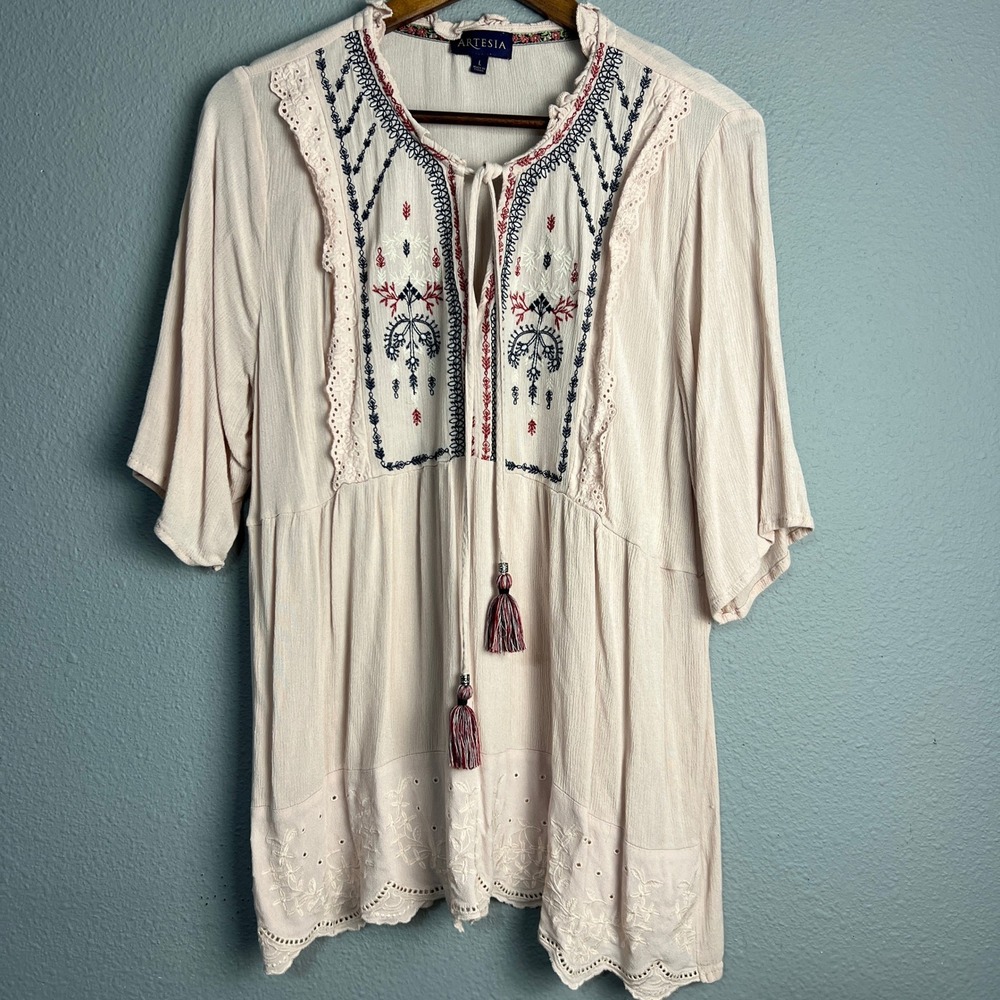 Artesia Babaton Embroidered Tassel Tie Peasant Top Boho Blouse Pink‎ Size Lg